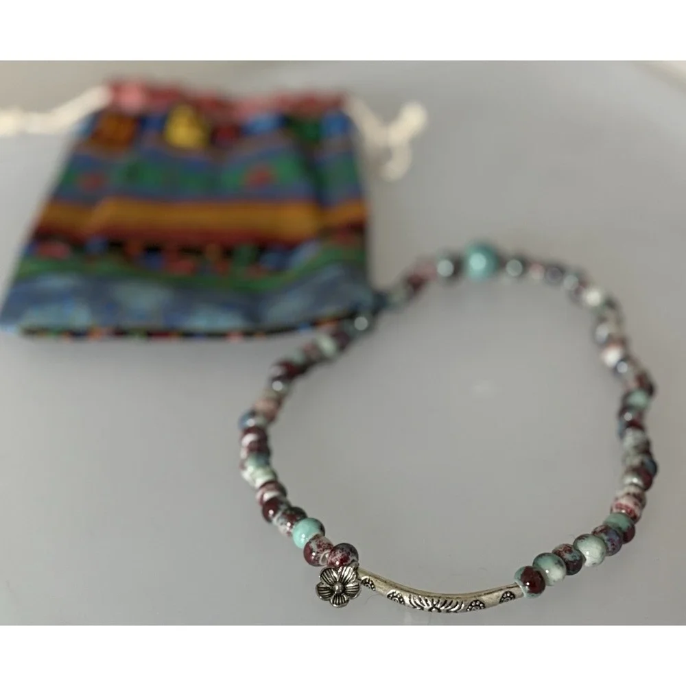Boho Double Wrap Beaded Bracelet With Silver Bar And Flower Charm